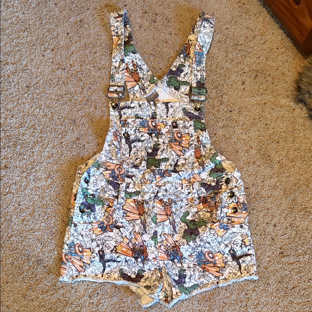 Marvel Avengers Comic Book Print Denim Short Overalls Romper Girls Size Large